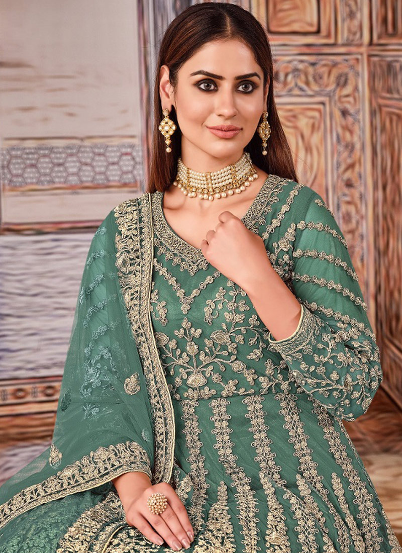 Sea green Net Partywear Anarkali Suit